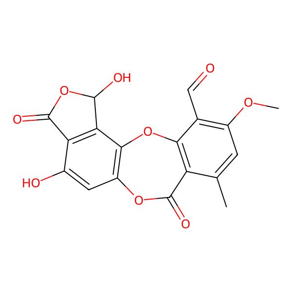 2D Structure of 13,17-Dihydroxy-5-methoxy-7-methyl-9,15-dioxo-2,10,16-trioxatetracyclo[9.7.0.03,8.014,18]octadeca-1(11),3(8),4,6,12,14(18)-hexaene-4-carbaldehyde
