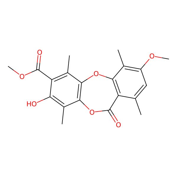 2D Structure of 11H-Dibenzo[b,e][1,4]dioxepin-7-carboxylic acid, 8-hydroxy-3-methoxy-1,4,6,9-tetramethyl-11-oxo-, methyl ester
