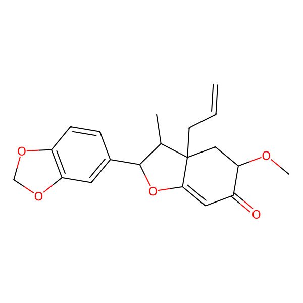 2D Structure of (2S,3S,3aR,5R)-2-(1,3-benzodioxol-5-yl)-5-methoxy-3-methyl-3a-prop-2-enyl-2,3,4,5-tetrahydro-1-benzofuran-6-one