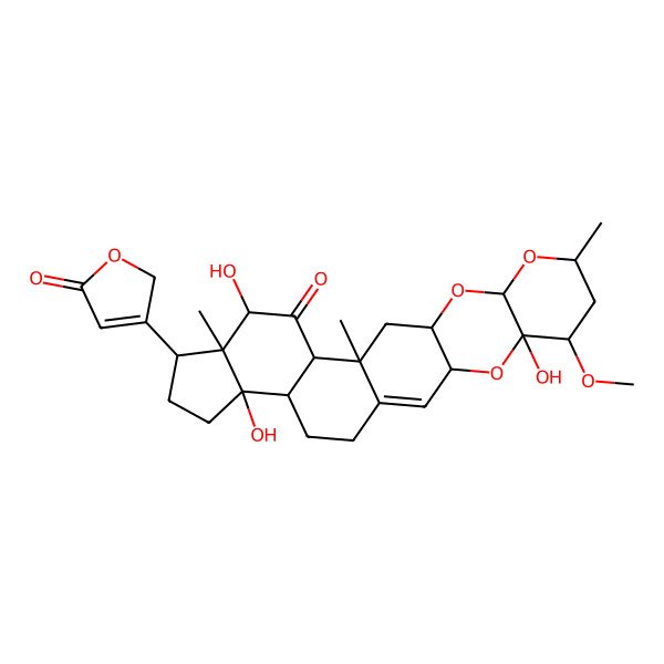 2D Structure of (3R,5S,6S,8R,10S,12R,14R,15S,17S,18S,19R,22S,23R)-5,17,22-trihydroxy-6-methoxy-8,14,18-trimethyl-19-(5-oxo-2H-furan-3-yl)-4,9,11-trioxahexacyclo[12.11.0.03,12.05,10.015,23.018,22]pentacos-1-en-16-one