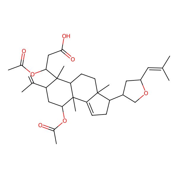 2D Structure of (3S)-3-[(3S,3aS,5aR,6R,7S,9R,9aR)-9-acetyloxy-3a,6,9a-trimethyl-3-[(3S,5S)-5-(2-methylprop-1-enyl)oxolan-3-yl]-7-prop-1-en-2-yl-2,3,4,5,5a,7,8,9-octahydrocyclopenta[a]naphthalen-6-yl]-3-acetyloxypropanoic acid