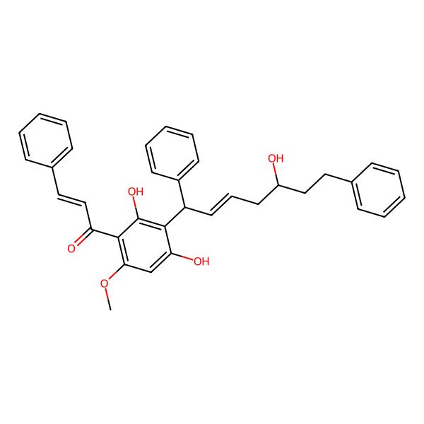 2D Structure of (E)-1-[2,4-dihydroxy-3-[(E,1R,5S)-5-hydroxy-1,7-diphenylhept-2-enyl]-6-methoxyphenyl]-3-phenylprop-2-en-1-one
