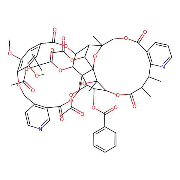 2D Structure of [(4R,5R,6R,7S,9R,19S,20S,23S,24R,25R,26R,43S,44S)-6,25-diacetyloxy-43-(2-acetyloxy-2-methylpropanoyl)oxy-44-hydroxy-39,42-dimethoxy-9,19,20,44-tetramethyl-2,12,21,29-tetraoxo-3,8,11,22,28,37-hexaoxa-17,32-diazaoctacyclo[36.2.2.14,26.17,23.05,9.07,26.013,18.030,35]tetratetraconta-1(40),13(18),14,16,30(35),31,33,38,41-nonaen-24-yl] benzoate