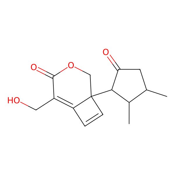 2D Structure of (1S)-1-[(1R,2S,3R)-2,3-dimethyl-5-oxocyclopentyl]-5-(hydroxymethyl)-3-oxabicyclo[4.2.0]octa-5,7-dien-4-one