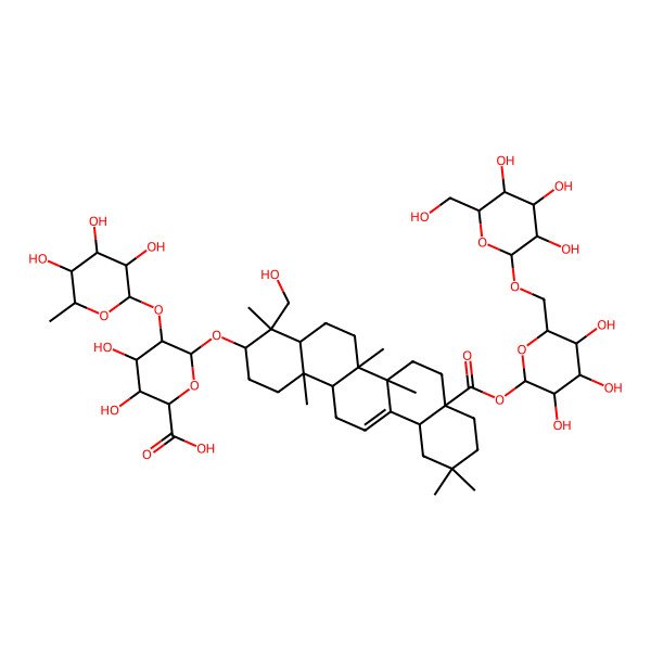 2D Structure of (2S,3S,4S,5R,6R)-6-[[(3S,4S,4aR,6aR,6bS,8aS,12aS,14aR,14bR)-4-(hydroxymethyl)-4,6a,6b,11,11,14b-hexamethyl-8a-[(2S,3R,4S,5S,6R)-3,4,5-trihydroxy-6-[[(2R,3R,4S,5S,6R)-3,4,5-trihydroxy-6-(hydroxymethyl)oxan-2-yl]oxymethyl]oxan-2-yl]oxycarbonyl-1,2,3,4a,5,6,7,8,9,10,12,12a,14,14a-tetradecahydropicen-3-yl]oxy]-3,4-dihydroxy-5-[(2S,3R,4R,5R,6S)-3,4,5-trihydroxy-6-methyloxan-2-yl]oxyoxane-2-carboxylic acid