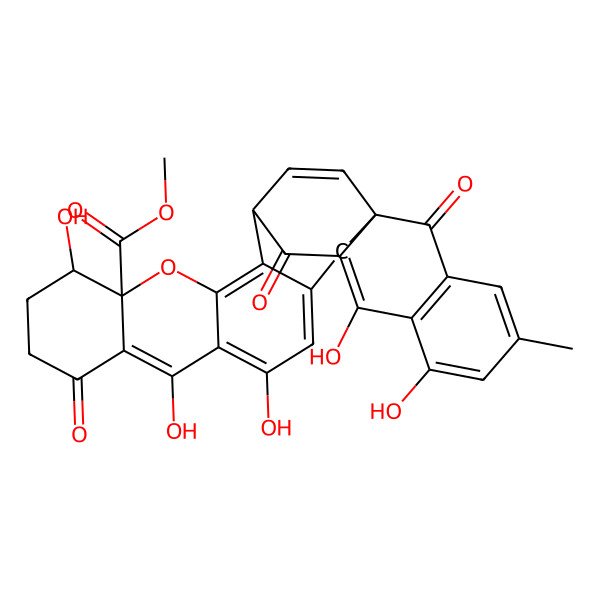 2D Structure of Methyl 5,7,12,20,22-pentahydroxy-24-methyl-9,18,27-trioxo-14-oxaheptacyclo[15.10.2.01,19.03,16.06,15.08,13.021,26]nonacosa-3,5,7,15,19,21(26),22,24,28-nonaene-13-carboxylate