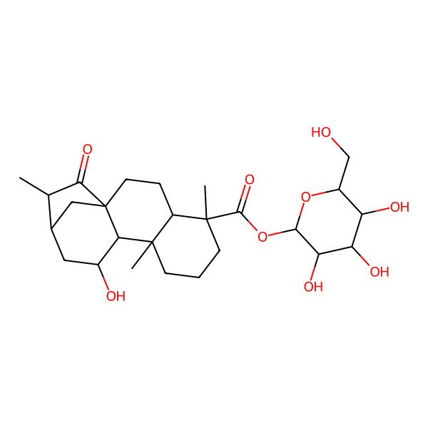 2D Structure of [(2S,3R,4S,5S,6R)-3,4,5-trihydroxy-6-(hydroxymethyl)oxan-2-yl] (1R,4S,5R,9R,10S,11S,13S,14S)-11-hydroxy-5,9,14-trimethyl-15-oxotetracyclo[11.2.1.01,10.04,9]hexadecane-5-carboxylate