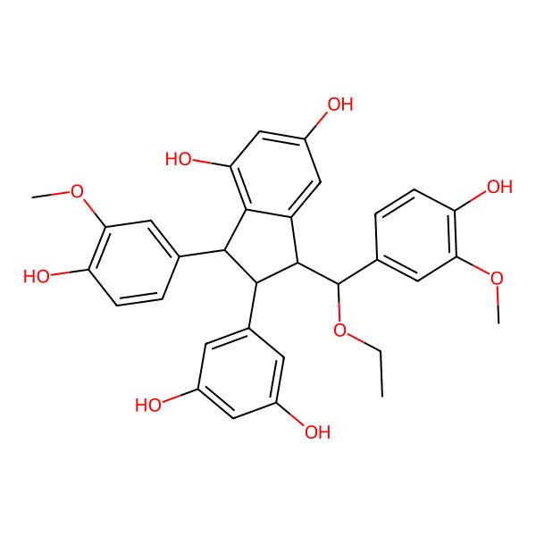 2D Structure of 2-(3,5-dihydroxyphenyl)-1-[ethoxy-(4-hydroxy-3-methoxyphenyl)methyl]-3-(4-hydroxy-3-methoxyphenyl)-2,3-dihydro-1H-indene-4,6-diol