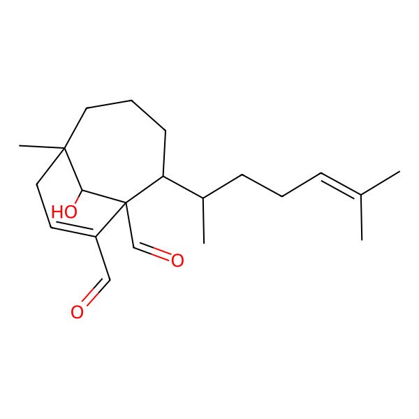 2D Structure of (1R,2S,6R,10S)-10-hydroxy-6-methyl-2-[(2R)-6-methylhept-5-en-2-yl]bicyclo[4.3.1]dec-8-ene-1,9-dicarbaldehyde