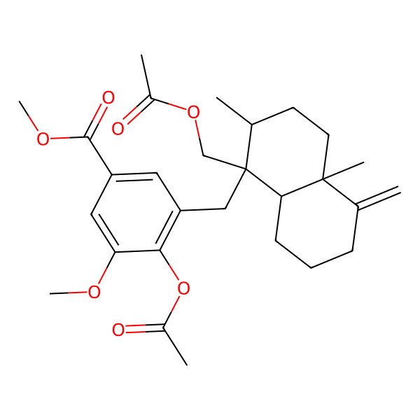2D Structure of methyl 3-[[(1S,2S,4aS,8aR)-1-(acetyloxymethyl)-2,4a-dimethyl-5-methylidene-3,4,6,7,8,8a-hexahydro-2H-naphthalen-1-yl]methyl]-4-acetyloxy-5-methoxybenzoate