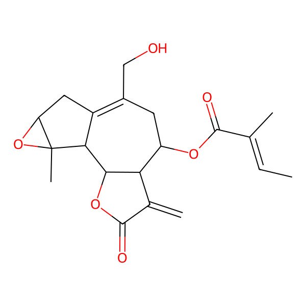 2D Structure of [(1S,2R,6R,7R,12R,14S)-9-(hydroxymethyl)-14-methyl-5-methylidene-4-oxo-3,13-dioxatetracyclo[8.4.0.02,6.012,14]tetradec-9-en-7-yl] (E)-2-methylbut-2-enoate