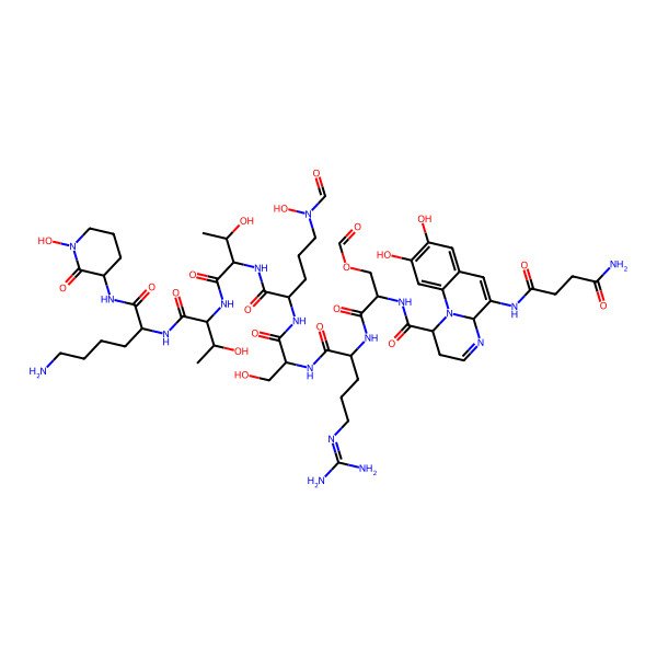 2D Structure of [(2R)-2-[[(1S,4aR)-5-[(4-amino-4-oxobutanoyl)amino]-8,9-dihydroxy-2,4a-dihydro-1H-pyrimido[1,2-a]quinoline-1-carbonyl]amino]-3-[[(2S)-1-[[(2R)-1-[[(2S)-1-[[(2S,3S)-1-[[(2S,3S)-1-[[(2S)-6-amino-1-[[(3S)-1-hydroxy-2-oxopiperidin-3-yl]amino]-1-oxohexan-2-yl]amino]-3-hydroxy-1-oxobutan-2-yl]amino]-3-hydroxy-1-oxobutan-2-yl]amino]-5-[formyl(hydroxy)amino]-1-oxopentan-2-yl]amino]-3-hydroxy-1-oxopropan-2-yl]amino]-5-(diaminomethylideneamino)-1-oxopentan-2-yl]amino]-3-oxopropyl] formate