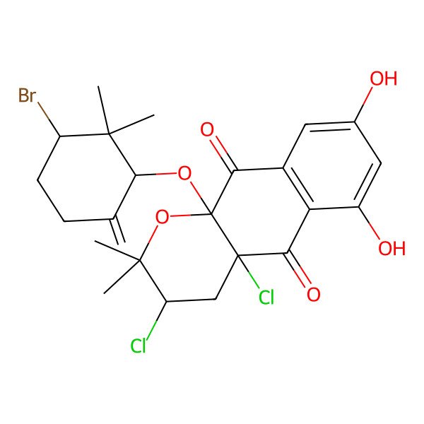 2D Structure of 10a-[(3-Bromo-2,2-dimethyl-6-methylidenecyclohexyl)oxy]-3,4a-dichloro-6,8-dihydroxy-2,2-dimethyl-3,4,4a,10a-tetrahydro-2H-naphtho[2,3-b]pyran-5,10-dione