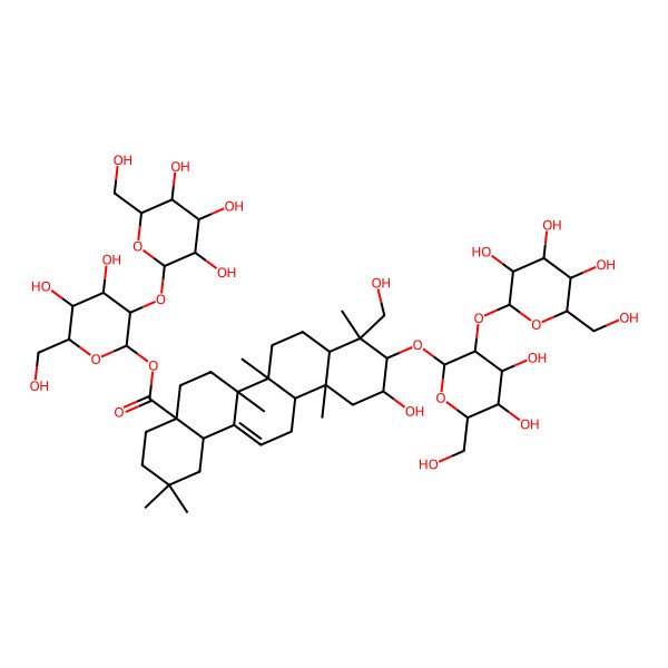 2D Structure of [4,5-Dihydroxy-6-(hydroxymethyl)-3-[3,4,5-trihydroxy-6-(hydroxymethyl)oxan-2-yl]oxyoxan-2-yl] 10-[4,5-dihydroxy-6-(hydroxymethyl)-3-[3,4,5-trihydroxy-6-(hydroxymethyl)oxan-2-yl]oxyoxan-2-yl]oxy-11-hydroxy-9-(hydroxymethyl)-2,2,6a,6b,9,12a-hexamethyl-1,3,4,5,6,6a,7,8,8a,10,11,12,13,14b-tetradecahydropicene-4a-carboxylate