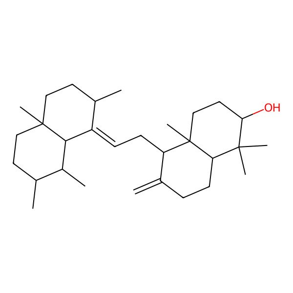 2D Structure of (2S,4aR,5S,8aR)-5-[(2E)-2-[(2S,4aR,7R,8S,8aR)-2,4a,7,8-tetramethyl-2,3,4,5,6,7,8,8a-octahydronaphthalen-1-ylidene]ethyl]-1,1,4a-trimethyl-6-methylidene-3,4,5,7,8,8a-hexahydro-2H-naphthalen-2-ol