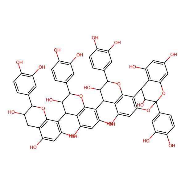 2D Structure of (1R,5R,6R,7S,13S,21R)-5,13-bis(3,4-dihydroxyphenyl)-7-[(2R,3R,4S)-2-(3,4-dihydroxyphenyl)-4-[(2R,3R)-2-(3,4-dihydroxyphenyl)-3,5,7-trihydroxy-3,4-dihydro-2H-chromen-8-yl]-3,5,7-trihydroxy-3,4-dihydro-2H-chromen-8-yl]-4,12,14-trioxapentacyclo[11.7.1.02,11.03,8.015,20]henicosa-2(11),3(8),9,15,17,19-hexaene-6,9,17,19,21-pentol