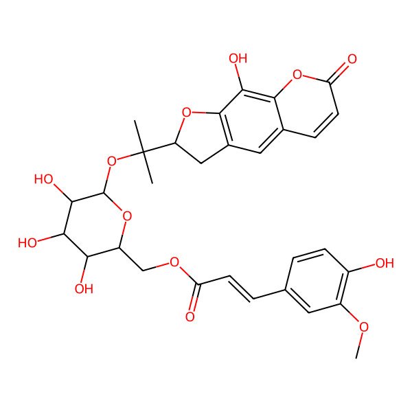 2D Structure of [(2R,3S,4S,5R,6S)-3,4,5-trihydroxy-6-[2-[(2S)-9-hydroxy-7-oxo-2,3-dihydrofuro[3,2-g]chromen-2-yl]propan-2-yloxy]oxan-2-yl]methyl (E)-3-(4-hydroxy-3-methoxyphenyl)prop-2-enoate