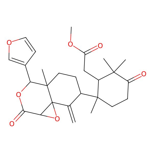 2D Structure of methyl 2-[6-[4-(furan-3-yl)-4a-methyl-8-methylidene-2-oxo-4,5,6,7-tetrahydro-1aH-oxireno[2,3-d]isochromen-7-yl]-2,2,6-trimethyl-3-oxocyclohexyl]acetate