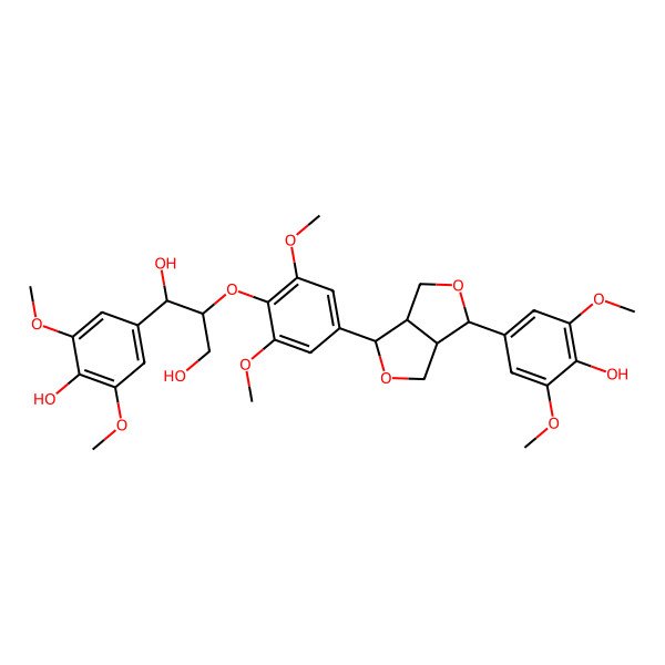 2D Structure of (1R,2S)-2-[4-[(3R,3aR,6R,6aS)-3-(4-hydroxy-3,5-dimethoxyphenyl)-1,3,3a,4,6,6a-hexahydrofuro[3,4-c]furan-6-yl]-2,6-dimethoxyphenoxy]-1-(4-hydroxy-3,5-dimethoxyphenyl)propane-1,3-diol