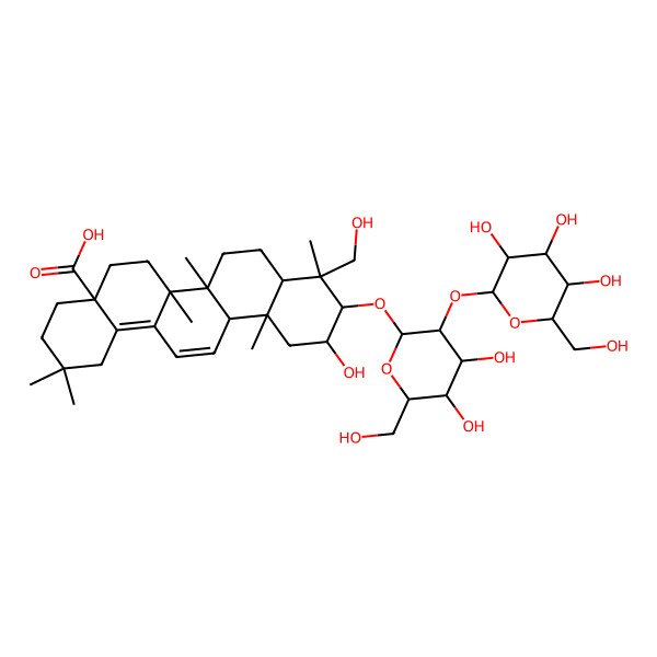 2D Structure of (4aS,6aR,6aS,6bR,8aR,9R,10R,11S,12aS)-10-[(2R,3R,4S,5S,6R)-4,5-dihydroxy-6-(hydroxymethyl)-3-[(2S,3R,4S,5S,6R)-3,4,5-trihydroxy-6-(hydroxymethyl)oxan-2-yl]oxyoxan-2-yl]oxy-11-hydroxy-9-(hydroxymethyl)-2,2,6a,6b,9,12a-hexamethyl-1,3,4,5,6,6a,7,8,8a,10,11,12-dodecahydropicene-4a-carboxylic acid