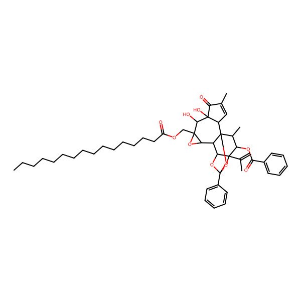 2D Structure of [(1R,2S,6S,7S,8S,10R,11S,12R,14S,16S,17S,18R)-8-(hexadecanoyloxymethyl)-6,7-dihydroxy-4,18-dimethyl-5-oxo-14-phenyl-16-prop-1-en-2-yl-9,13,15,19-tetraoxahexacyclo[12.4.1.01,11.02,6.08,10.012,16]nonadec-3-en-17-yl] benzoate