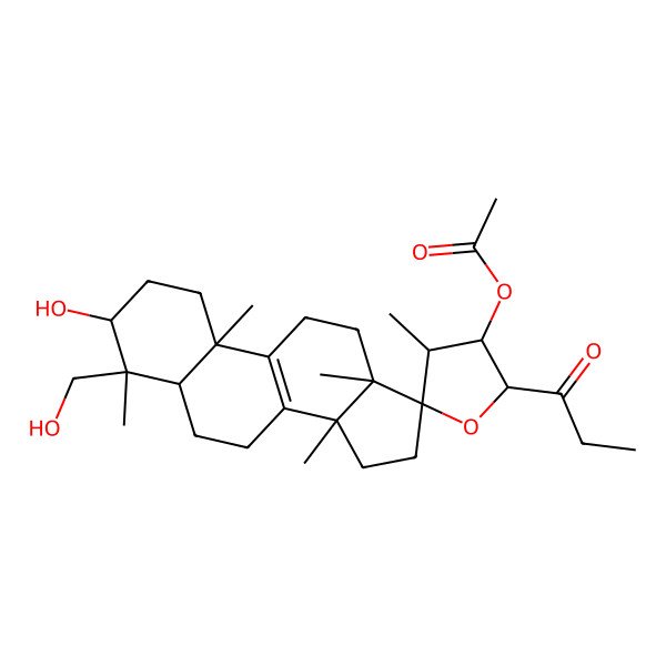 2D Structure of [3-Hydroxy-4-(hydroxymethyl)-4,4',10,13,14-pentamethyl-2'-propanoylspiro[1,2,3,5,6,7,11,12,15,16-decahydrocyclopenta[a]phenanthrene-17,5'-oxolane]-3'-yl] acetate