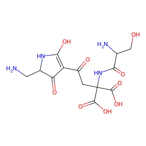 2D Structure of 2-[(2-amino-3-hydroxypropanoyl)amino]-2-[2-[2-(aminomethyl)-5-hydroxy-3-oxo-1,2-dihydropyrrol-4-yl]-2-oxoethyl]propanedioic acid