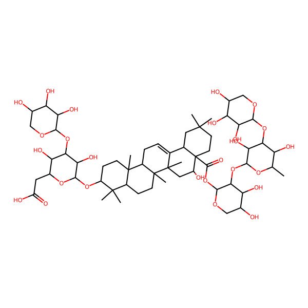 2D Structure of 2-[(2R,3R,4S,5R,6R)-6-[[(3S,4aR,6aR,6bS,8R,8aR,12aS,14aR,14bR)-8a-[(2S,3R,4S,5S)-3-[(2S,3R,4R,5S,6S)-3,5-dihydroxy-6-methyl-4-[(2S,3R,4S,5R)-3,4,5-trihydroxyoxan-2-yl]oxyoxan-2-yl]oxy-4,5-dihydroxyoxan-2-yl]oxycarbonyl-8-hydroxy-4,4,6a,6b,11,11,14b-heptamethyl-1,2,3,4a,5,6,7,8,9,10,12,12a,14,14a-tetradecahydropicen-3-yl]oxy]-3,5-dihydroxy-4-[(2S,3R,4S,5R)-3,4,5-trihydroxyoxan-2-yl]oxyoxan-2-yl]acetic acid