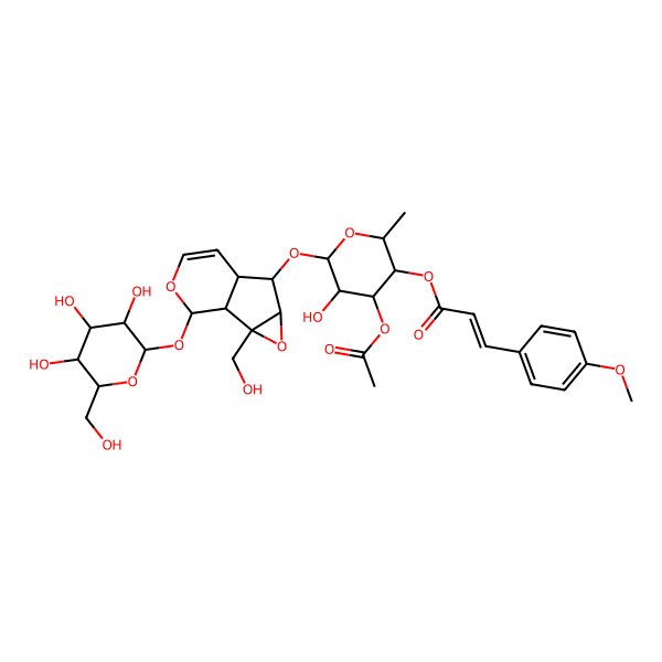 2D Structure of [(2R,3R,4S,5S,6R)-4-acetyloxy-5-hydroxy-6-[[(1R,2S,4S,5R,6R,10R)-2-(hydroxymethyl)-10-[(2R,3R,4R,5R,6S)-3,4,5-trihydroxy-6-(hydroxymethyl)oxan-2-yl]oxy-3,9-dioxatricyclo[4.4.0.02,4]dec-7-en-5-yl]oxy]-2-methyloxan-3-yl] (E)-3-(4-methoxyphenyl)prop-2-enoate