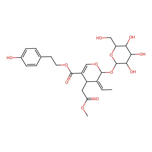 2D Structure of 2-(4-hydroxyphenyl)ethyl 5-ethylidene-4-(2-methoxy-2-oxoethyl)-6-[3,4,5-trihydroxy-6-(hydroxymethyl)oxan-2-yl]oxy-4H-pyran-3-carboxylate