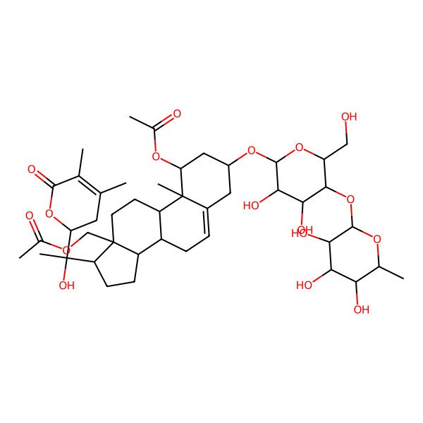 2D Structure of [(1S,3R,8S,9S,10R,13R,14S,17S)-1-acetyloxy-3-[(2R,3R,4R,5S,6R)-3,4-dihydroxy-6-(hydroxymethyl)-5-[(2S,3R,4R,5R,6S)-3,4,5-trihydroxy-6-methyloxan-2-yl]oxyoxan-2-yl]oxy-17-[(1R)-1-[(2R)-4,5-dimethyl-6-oxo-2,3-dihydropyran-2-yl]-1-hydroxyethyl]-10-methyl-2,3,4,7,8,9,11,12,14,15,16,17-dodecahydro-1H-cyclopenta[a]phenanthren-13-yl]methyl acetate