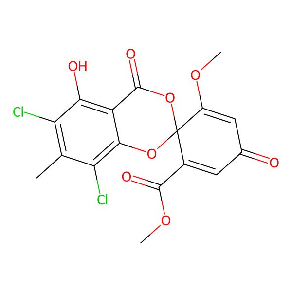 2D Structure of methyl (2R)-6,8-dichloro-5-hydroxy-5'-methoxy-7-methyl-3',4-dioxospiro[1,3-benzodioxine-2,6'-cyclohexa-1,4-diene]-1'-carboxylate