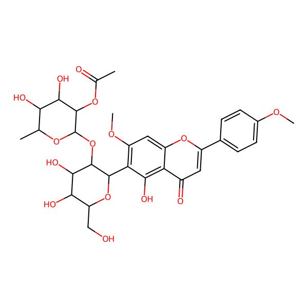 2D Structure of [(2S,3R,4R,5R,6S)-2-[(2S,3R,4S,5S,6R)-4,5-dihydroxy-2-[5-hydroxy-7-methoxy-2-(4-methoxyphenyl)-4-oxochromen-6-yl]-6-(hydroxymethyl)oxan-3-yl]oxy-4,5-dihydroxy-6-methyloxan-3-yl] acetate