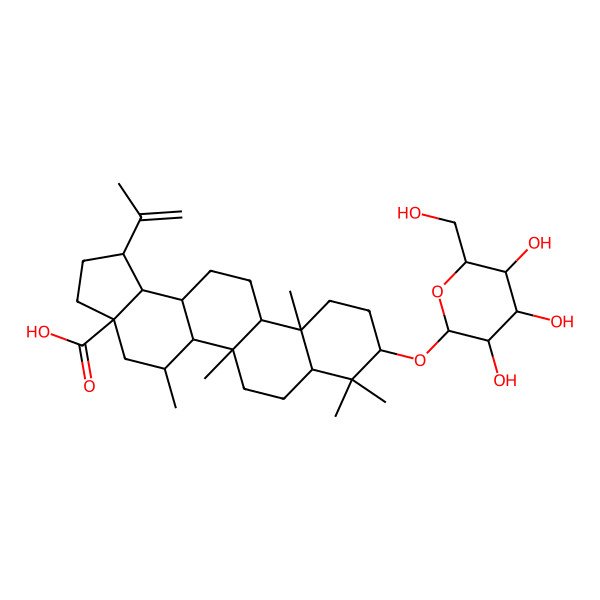 2D Structure of (1R,3aS,5S,5aR,5bS,7aS,9R,11aR,11bR,13aR,13bR)-5,5b,8,8,11a-pentamethyl-1-prop-1-en-2-yl-9-[(2S,3R,4S,5S,6R)-3,4,5-trihydroxy-6-(hydroxymethyl)oxan-2-yl]oxy-2,3,4,5,5a,6,7,7a,9,10,11,11b,12,13,13a,13b-hexadecahydro-1H-cyclopenta[a]chrysene-3a-carboxylic acid