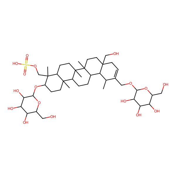 2D Structure of [(3S,4S,4aR,6aR,6aR,6bR,8aR,12R,12aS,14aR,14bR)-8a-(hydroxymethyl)-4,6a,6b,12,14b-pentamethyl-3-[(2R,3R,4S,5S,6R)-3,4,5-trihydroxy-6-(hydroxymethyl)oxan-2-yl]oxy-11-[[(2R,3R,4S,5S,6R)-3,4,5-trihydroxy-6-(hydroxymethyl)oxan-2-yl]oxymethyl]-2,3,4a,5,6,6a,7,8,9,12,12a,13,14,14a-tetradecahydro-1H-picen-4-yl]methyl hydrogen sulfate