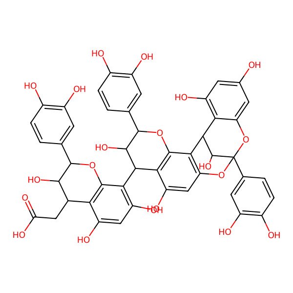 2D Structure of 2-[8-[5,13-bis(3,4-dihydroxyphenyl)-6,9,17,19,21-pentahydroxy-4,12,14-trioxapentacyclo[11.7.1.02,11.03,8.015,20]henicosa-2(11),3(8),9,15,17,19-hexaen-7-yl]-2-(3,4-dihydroxyphenyl)-3,5,7-trihydroxy-3,4-dihydro-2H-chromen-4-yl]acetic acid