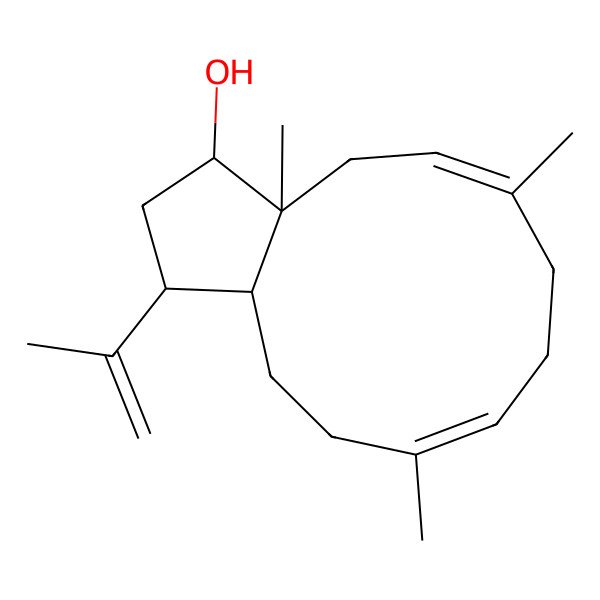 2D Structure of (1S,3S,3aR,9E,12aS)-3a,6,10-trimethyl-1-prop-1-en-2-yl-2,3,4,7,8,11,12,12a-octahydro-1H-cyclopenta[11]annulen-3-ol