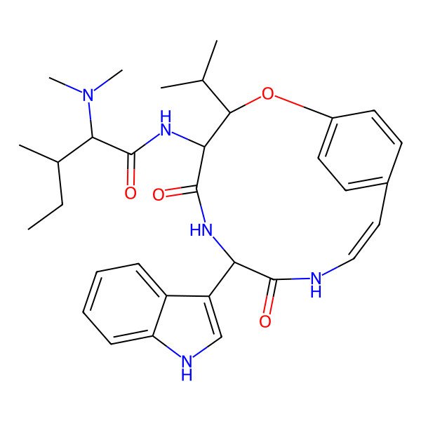 2D Structure of 2-(dimethylamino)-N-[7-(1H-indol-3-yl)-5,8-dioxo-3-propan-2-yl-2-oxa-6,9-diazabicyclo[10.2.2]hexadeca-1(14),10,12,15-tetraen-4-yl]-3-methylpentanamide