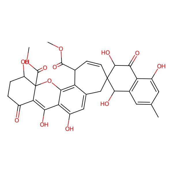 2D Structure of dimethyl 1,3,5,7',8',12'-hexahydroxy-7-methyl-4,9'-dioxospiro[1,3-dihydronaphthalene-2,4'-5,10,11,12-tetrahydro-1H-cyclohepta[c]xanthene]-1',12'a-dicarboxylate