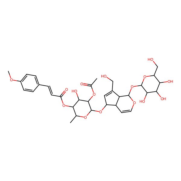 2D Structure of [5-Acetyloxy-4-hydroxy-6-[[7-(hydroxymethyl)-1-[3,4,5-trihydroxy-6-(hydroxymethyl)oxan-2-yl]oxy-1,4a,5,7a-tetrahydrocyclopenta[c]pyran-5-yl]oxy]-2-methyloxan-3-yl] 3-(4-methoxyphenyl)prop-2-enoate