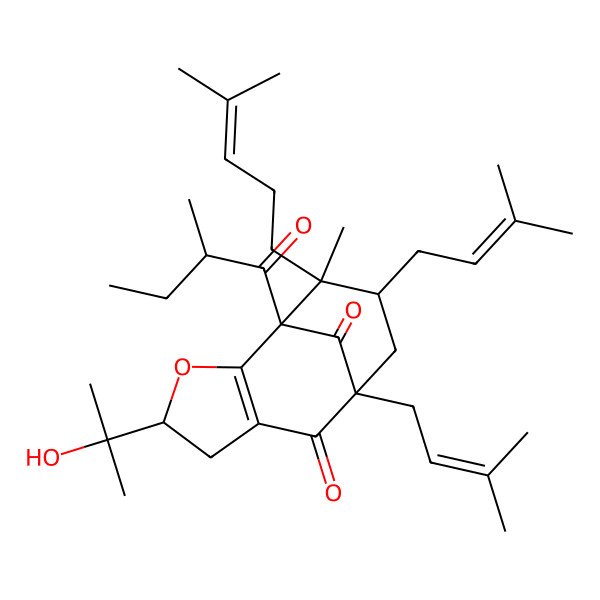 2D Structure of (1S,4S,8R,10S,11R)-4-(2-hydroxypropan-2-yl)-11-methyl-1-[(2R)-2-methylbutanoyl]-8,10-bis(3-methylbut-2-enyl)-11-(4-methylpent-3-enyl)-3-oxatricyclo[6.3.1.02,6]dodec-2(6)-ene-7,12-dione