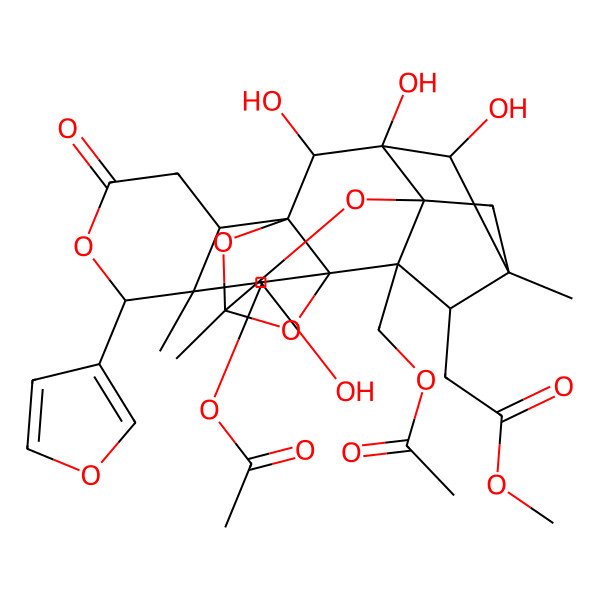 2D Structure of methyl 2-[(1R,2R,6S,7R,8R,9R,10R,12R,14R,15S,16S,17R,18S,19S,20R)-8-acetyloxy-15-(acetyloxymethyl)-6-(furan-3-yl)-9,18,19,20-tetrahydroxy-7,12,17-trimethyl-4-oxo-5,11,13,21-tetraoxaheptacyclo[10.8.1.114,17.01,10.02,7.010,15.014,19]docosan-16-yl]acetate
