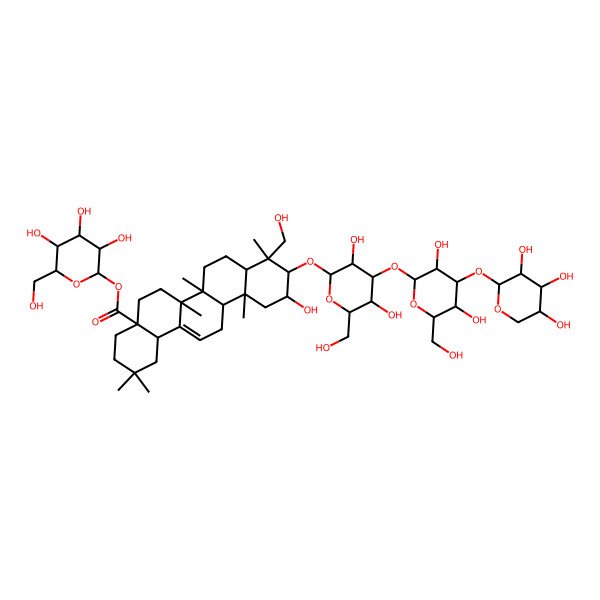 2D Structure of [3,4,5-Trihydroxy-6-(hydroxymethyl)oxan-2-yl] 10-[4-[3,5-dihydroxy-6-(hydroxymethyl)-4-(3,4,5-trihydroxyoxan-2-yl)oxyoxan-2-yl]oxy-3,5-dihydroxy-6-(hydroxymethyl)oxan-2-yl]oxy-11-hydroxy-9-(hydroxymethyl)-2,2,6a,6b,9,12a-hexamethyl-1,3,4,5,6,6a,7,8,8a,10,11,12,13,14b-tetradecahydropicene-4a-carboxylate
