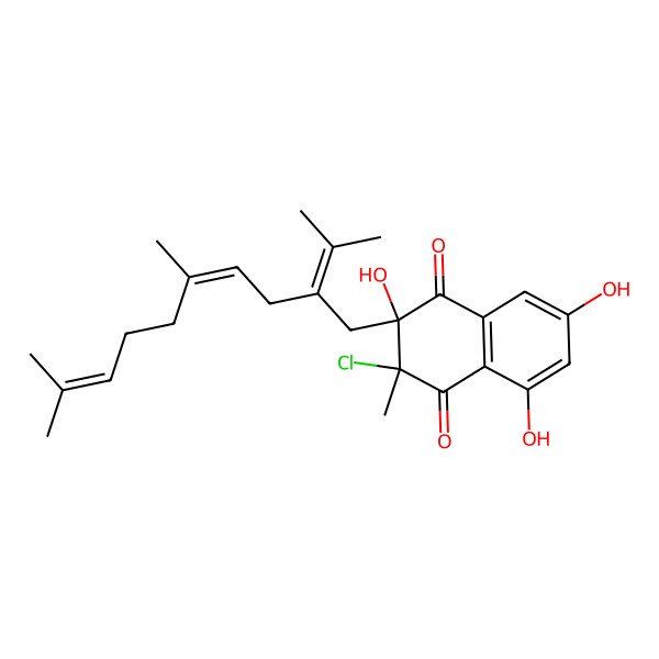 2D Structure of 3-Chloro-2-(5,9-dimethyl-2-propan-2-ylidenedeca-4,8-dienyl)-2,5,7-trihydroxy-3-methylnaphthalene-1,4-dione