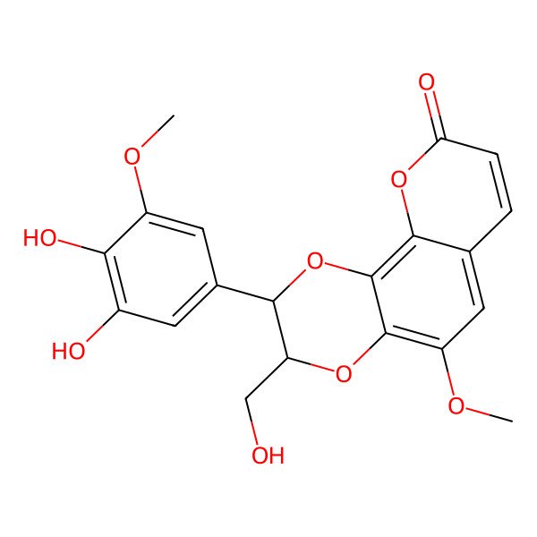 2D Structure of (2S,3S)-2-(3,4-dihydroxy-5-methoxyphenyl)-3-(hydroxymethyl)-5-methoxy-2,3-dihydropyrano[3,2-h][1,4]benzodioxin-9-one