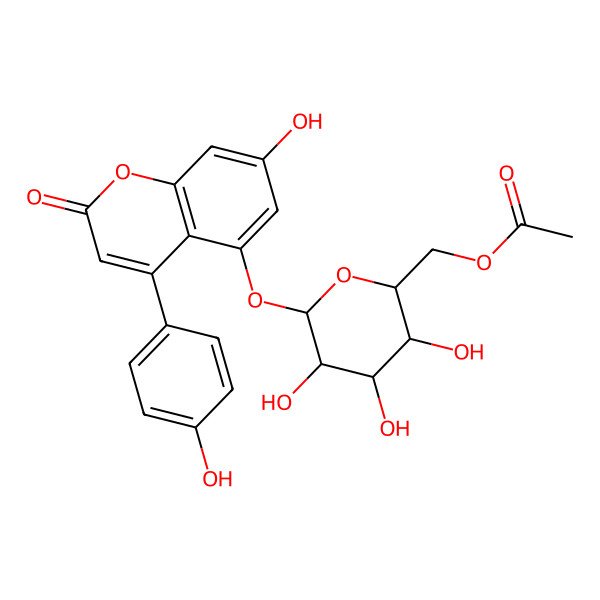 2D Structure of [(2R,3R,4S,5R,6S)-3,4,5-trihydroxy-6-[7-hydroxy-4-(4-hydroxyphenyl)-2-oxochromen-5-yl]oxyoxan-2-yl]methyl acetate
