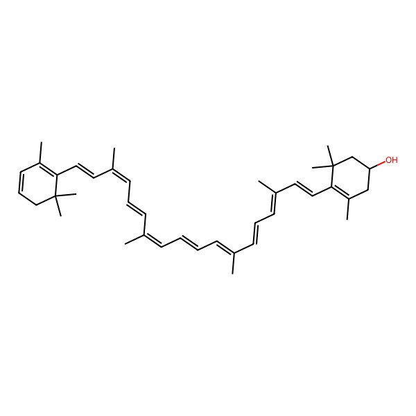 2D Structure of 3,5,5-trimethyl-4-[(1E,3Z,5Z,7E,9E,11E,13Z,15Z,17E)-3,7,12,16-tetramethyl-18-(2,6,6-trimethylcyclohexa-1,3-dien-1-yl)octadeca-1,3,5,7,9,11,13,15,17-nonaenyl]cyclohex-3-en-1-ol
