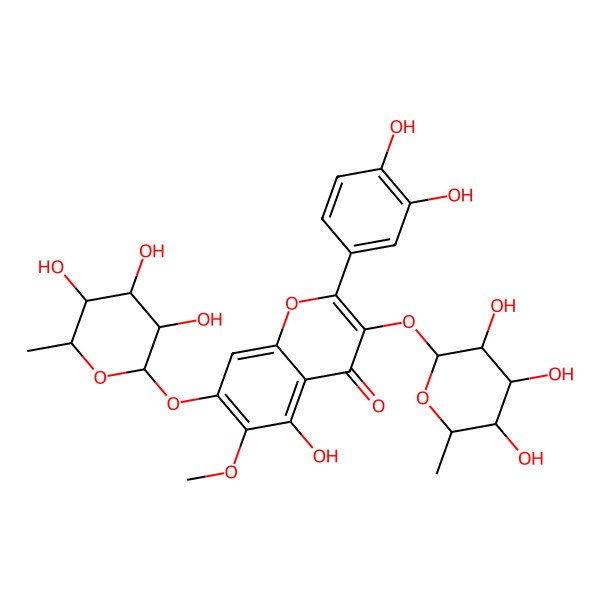 2D Structure of 2-(3,4-Dihydroxyphenyl)-5-hydroxy-6-methoxy-3,7-bis[(3,4,5-trihydroxy-6-methyloxan-2-yl)oxy]chromen-4-one