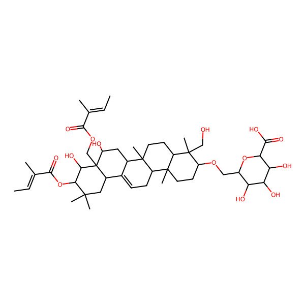 2D Structure of (2S,3S,4R,5R,6S)-6-[[(3S,4R,4aR,6aR,6bS,8S,8aR,9R,10R,12aS,14aS,14bR)-8,9-dihydroxy-4-(hydroxymethyl)-4,6a,11,11,14b-pentamethyl-10-[(E)-2-methylbut-2-enoyl]oxy-8a-[[(E)-2-methylbut-2-enoyl]oxymethyl]-2,3,4a,5,6,6b,7,8,9,10,12,12a,14,14a-tetradecahydro-1H-picen-3-yl]oxymethyl]-3,4,5-trihydroxyoxane-2-carboxylic acid
