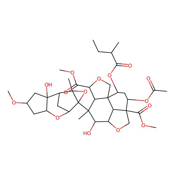 2D Structure of dimethyl (1S,4S,5R,6S,7S,8R,11S,12R,14S,15R)-12-acetyloxy-7-hydroxy-6-[(2S,4S,6R,9R,11S)-2-hydroxy-4-methoxy-11-methyl-7,10-dioxatetracyclo[6.3.1.02,6.09,11]dodecan-9-yl]-6-methyl-14-(2-methylbutanoyloxy)-3,9-dioxatetracyclo[6.6.1.01,5.011,15]pentadecane-4,11-dicarboxylate